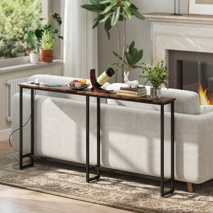 Mesa de Consola Estreita 160 cm Consola com Estação de Carga Estrutura de Aço Estilo Industrial para Corredor Entrada Sala de Estar Dormitório Marrom Rústico