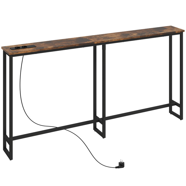 Mesa de Consola Estreita 160 cm Consola com Estação de Carga Estrutura de Aço Estilo Industrial para Corredor Entrada Sala de Estar Dormitório Marrom Rústico