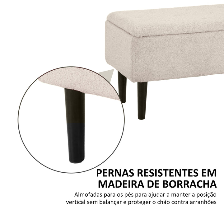 Banco de Armazenamento Dormitório Banco de Armazenamento Capacidade 47L Tampa Abatível e Pés de Madeira de Borracha Carga Máxima 120 kg 95x38x45 cm Bege