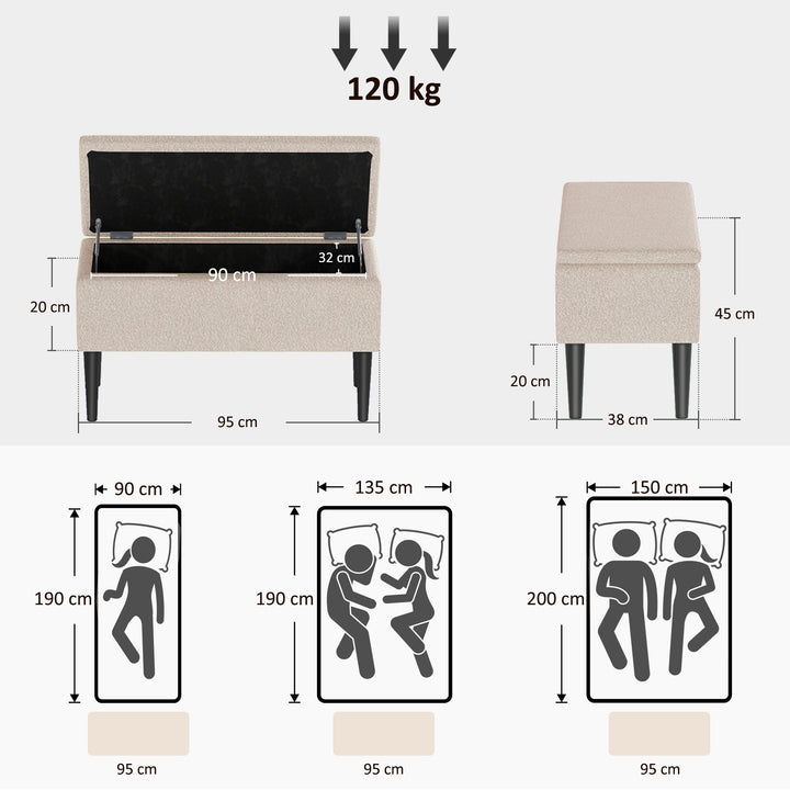 Banco de Armazenamento Dormitório Banco de Armazenamento Capacidade 47L Tampa Abatível e Pés de Madeira de Borracha Carga Máxima 120 kg 95x38x45 cm Bege