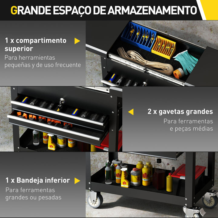 Carrinho de Ferramentas com Rodas Carrinho de Oficina Móvel com Tampa Deslizante 2 Gavetas com Fecho Bandeja Caixa de Ferramentas de Aço para Oficina Garagem 77,5–130x38x80 cm Preto