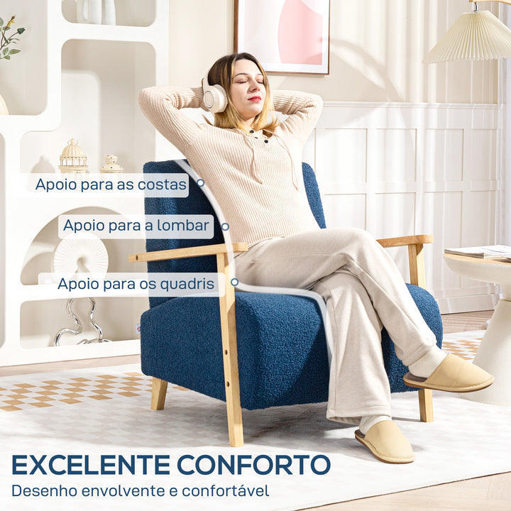 Poltrona Nórdica Poltrona Sala de Estar Estofada em Borrego com Apoio para os Braços de Madeira Acolchoado Espesso e Pés de Madeira para Dormitório 74,5x76x78 cm Azul