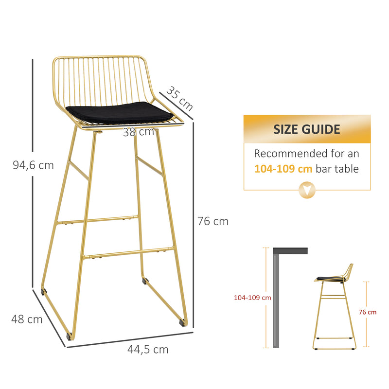 Conjunto de Bancos Altos de Cozinha Bancos Altos de Cozinha com Encosto Almofada e Estrutura de Aço Carga 120 kg para Bar Sala de Jantar 44,5x48x94,6 cm Dourado