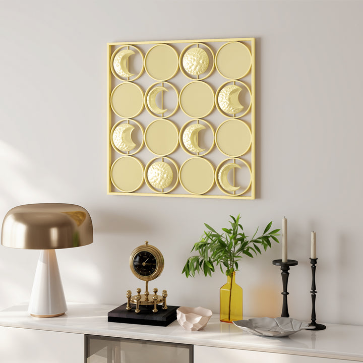 Decoração de Parede Metálica de Fases Lunares Adornos Metálicos Multidirecionais com 16 Discos para Sala Quarto Corredor 67,9x67,9 Dourado