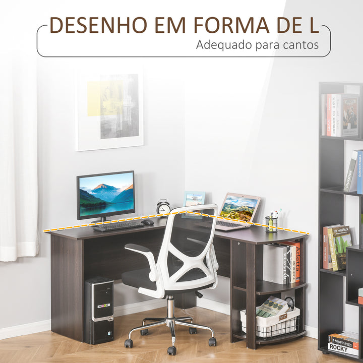 Mesa de Computador PC Escritório para Oficina Casa Tipo Esquineira Forma L com Estantes - Marrom Escuro - 136,2x130,4x72cm