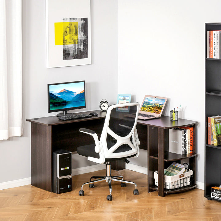 Mesa de Computador PC Escritório para Oficina Casa Tipo Esquineira Forma L com Estantes - Marrom Escuro - 136,2x130,4x72cm