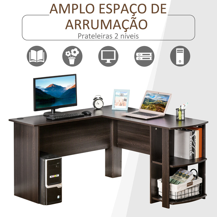 Mesa de Computador PC Escritório para Oficina Casa Tipo Esquineira Forma L com Estantes - Marrom Escuro - 136,2x130,4x72cm