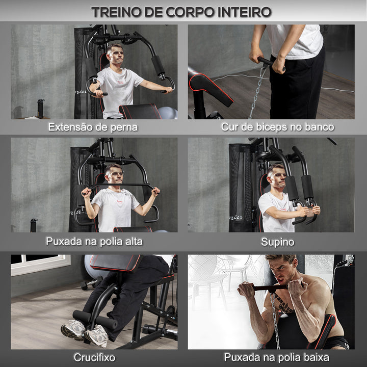 Máquina Multi Estação de Treino Estação de Treino com Pesos Ajustáveis Press de Perna e Polia para Ginásio em Casa 170x104x205 cm Preto