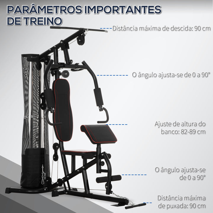 Máquina Multi Estação de Treino Estação de Treino com Pesos Ajustáveis Press de Perna e Polia para Ginásio em Casa 170x104x205 cm Preto