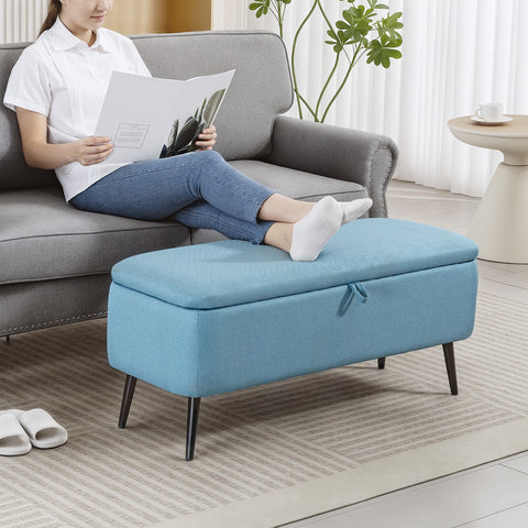 Banco de Armazenamento Estofado em Linho com Tampa Abatível e Pés de Aço para Dormitório Sala de Estar Entrada Carga Máxima 150kg 101x38,5x44,5 cm Azul Claro