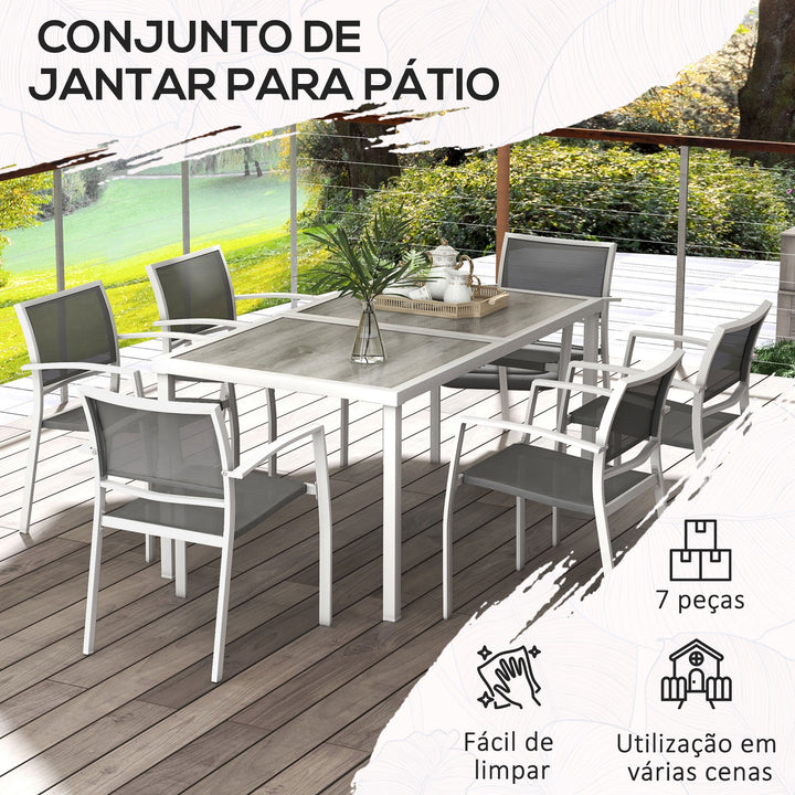 Conjunto de Refeição de Jardim de 7 Peças com 1 Mesa de Exterior e 6 Cadeiras Empilháveis Estilo Moderno para Terraço Pátio Branco e Cinza
