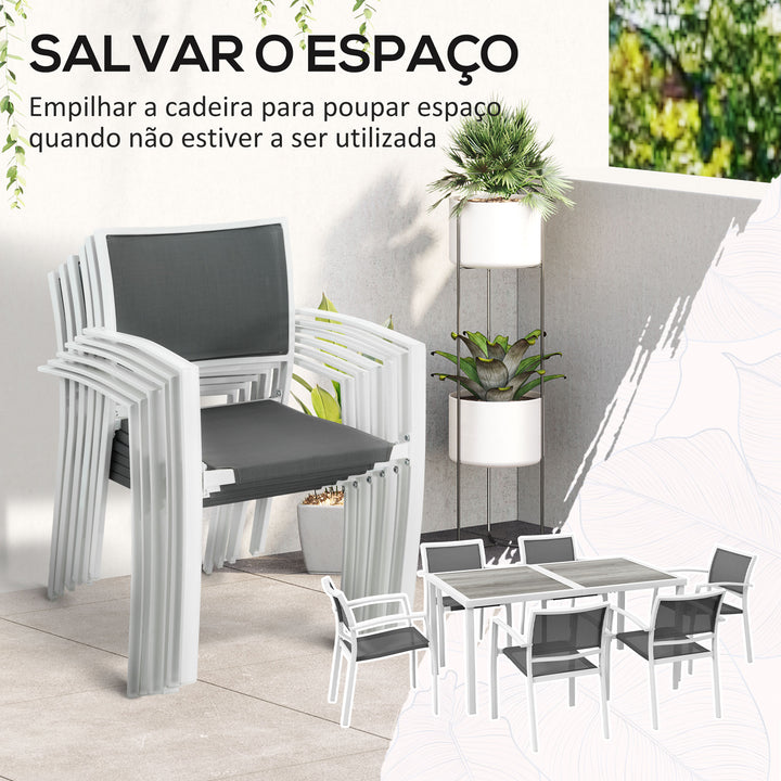Conjunto de Refeição de Jardim de 7 Peças com 1 Mesa de Exterior e 6 Cadeiras Empilháveis Estilo Moderno para Terraço Pátio Branco e Cinza