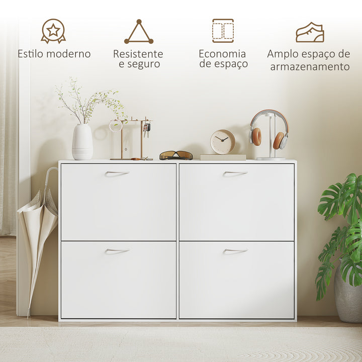 Móvel Sapateira Branca Sapateira Moderna com 4 Gavetas Abatíveis e Prateleiras Ajustáveis para 16-24 Pares de Sapatos para Corredor Entrada 120x24x81 cm Branco