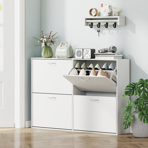 Móvel Sapateira Branca Sapateira Moderna com 4 Gavetas Abatíveis e Prateleiras Ajustáveis para 16-24 Pares de Sapatos para Corredor Entrada 120x24x81 cm Branco