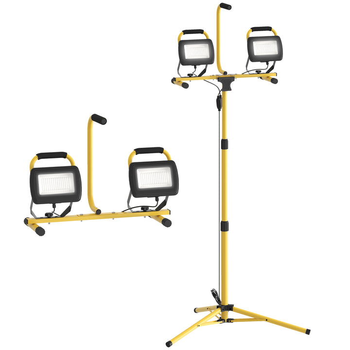 Projetor LED Duplo Recarregável de Alumínio com Tripé Dobrável 8500 Lúmenes IP65 6500K e Cabeças Ajustáveis para Trabalho Interior e Exterior Amarelo e Preto
