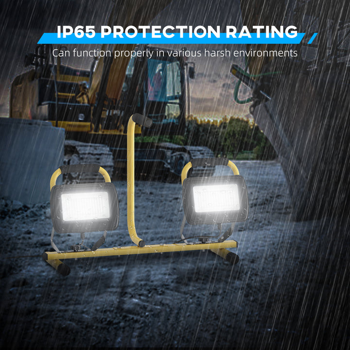 Projetor LED Duplo Recarregável de Alumínio com Tripé Dobrável 8500 Lúmenes IP65 6500K e Cabeças Ajustáveis para Trabalho Interior e Exterior Amarelo e Preto
