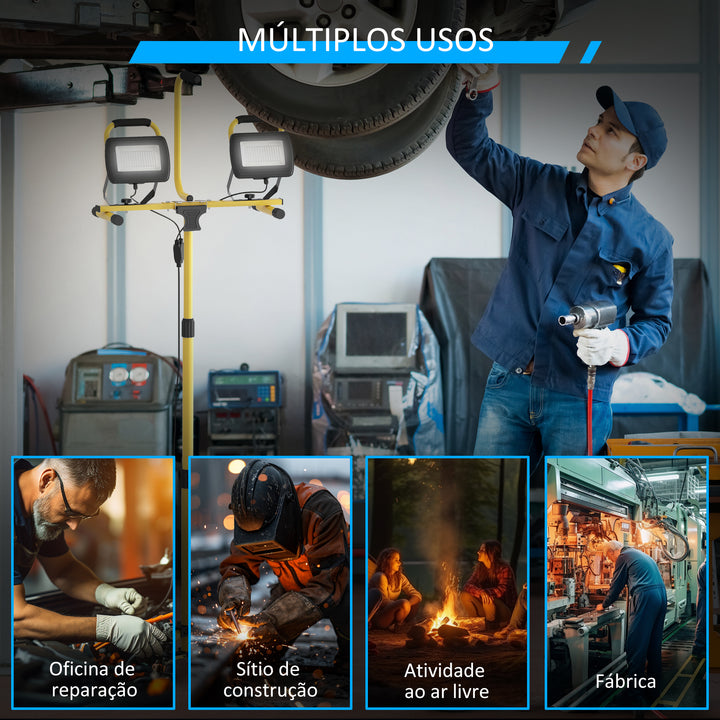 Projetor LED Duplo Recarregável de Alumínio com Tripé Dobrável 8500 Lúmenes IP65 6500K e Cabeças Ajustáveis para Trabalho Interior e Exterior Amarelo e Preto