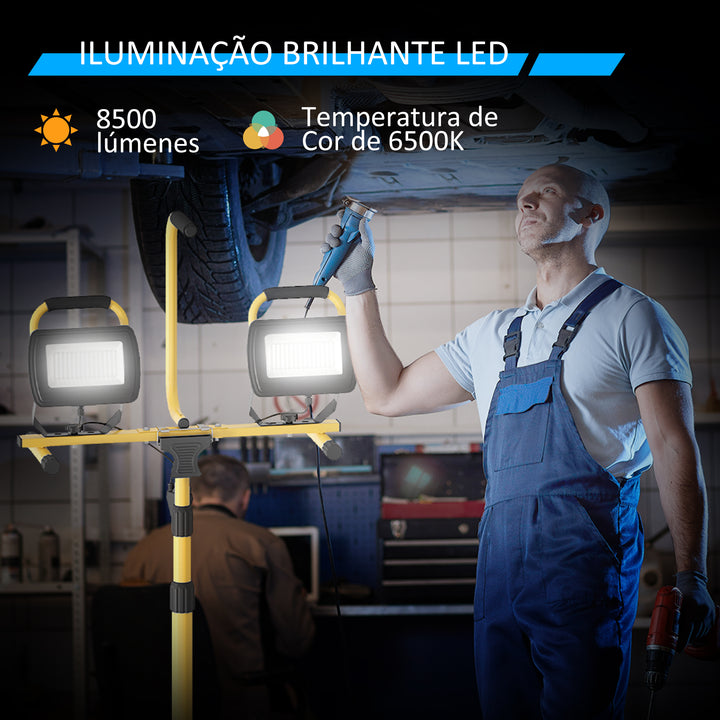 Projetor LED Duplo Recarregável de Alumínio com Tripé Dobrável 8500 Lúmenes IP65 6500K e Cabeças Ajustáveis para Trabalho Interior e Exterior Amarelo e Preto