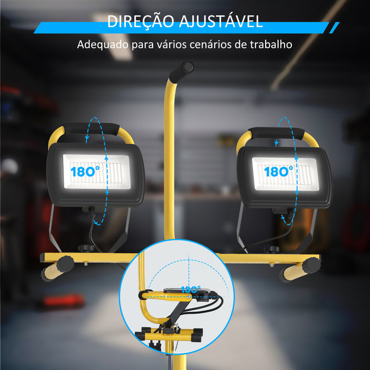 Projetor LED Duplo Recarregável de Alumínio com Tripé Dobrável 8500 Lúmenes IP65 6500K e Cabeças Ajustáveis para Trabalho Interior e Exterior Amarelo e Preto