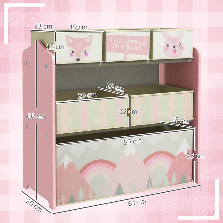 Estante para Brinquedos com 6 Caixas de Tecido não Tecido Amovíveis Organizador de Brinquedos para Crianças de 3-8 Anos para Dormitório 63x30x66 cm Rosa