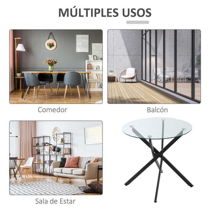 Mesa de Sala de Jantar Redonda com Bancada de Cristal Temperado Transparente e Pés Cruzados de Metal Mesa de Centro Moderna Ø80x75cm Preto