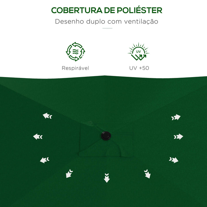 Chapéu de Sol de Jardim 300x200x248 cm Proteção UV50+ Chapéu de Sol de Alumínio Inclinável com Teto de Ventilação e Manivela para Terraço Varanda Exterior Verde