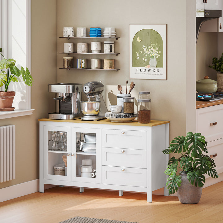 Aparador para Sala de Estar Armário Auxiliar com 2 Portas de Vidro 3 Gavetas e Prateleira Ajustável para Cozinha Sala de Jantar Corredor 120x40x70 cm Branco e Madeira