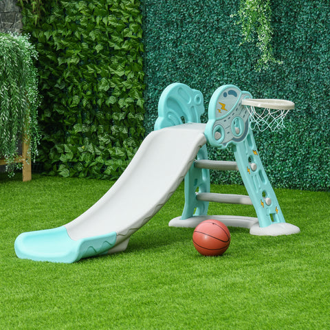 Escorrega Infantil Dobrável com Cesta de Basquetebol para Crianças acima de 18 meses Modelo Disco Voador para Interiores e Exteriores 140x87x75cm Azul e Cinza