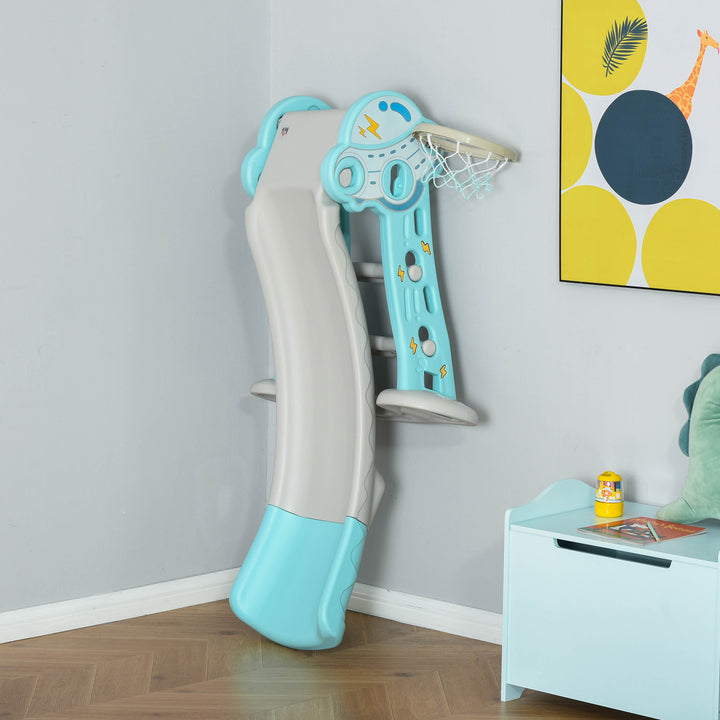 Escorrega Infantil Dobrável com Cesta de Basquetebol para Crianças acima de 18 meses Modelo Disco Voador para Interiores e Exteriores 140x87x75cm Azul e Cinza