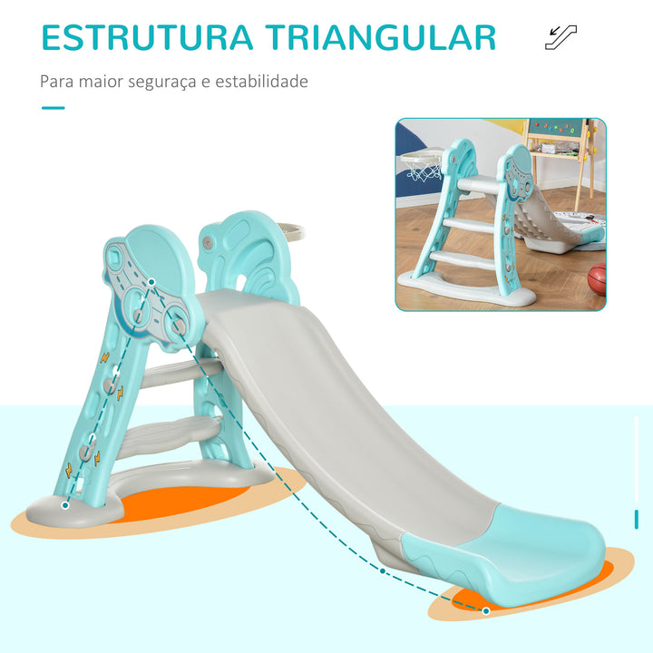 Escorrega Infantil Dobrável com Cesta de Basquetebol para Crianças acima de 18 meses Modelo Disco Voador para Interiores e Exteriores 140x87x75cm Azul e Cinza