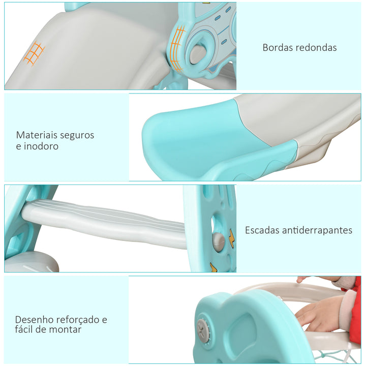Escorrega Infantil Dobrável com Cesta de Basquetebol para Crianças acima de 18 meses Modelo Disco Voador para Interiores e Exteriores 140x87x75cm Azul e Cinza