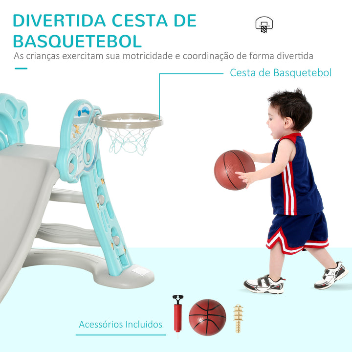 Escorrega Infantil Dobrável com Cesta de Basquetebol para Crianças acima de 18 meses Modelo Disco Voador para Interiores e Exteriores 140x87x75cm Azul e Cinza