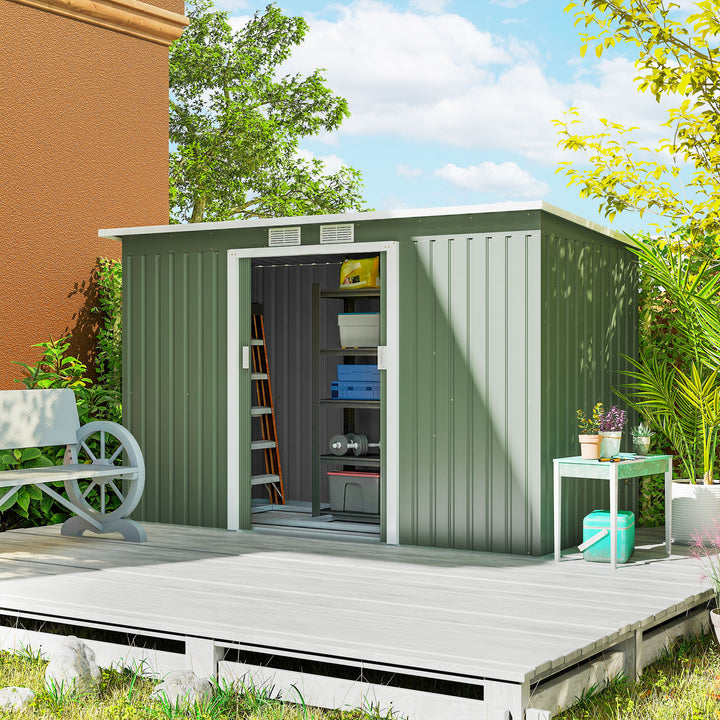 Abrigo de Jardim 280x130x172cm Abrigo de Exterior de Aço Galvanizado com Porta Corredeira e Ventilações para Armazenamento de Ferramentas Verde Claro