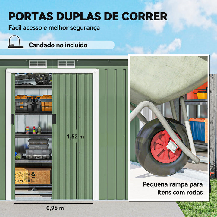 Abrigo de Jardim 280x130x172cm Abrigo de Exterior de Aço Galvanizado com Porta Corredeira e Ventilações para Armazenamento de Ferramentas Verde Claro