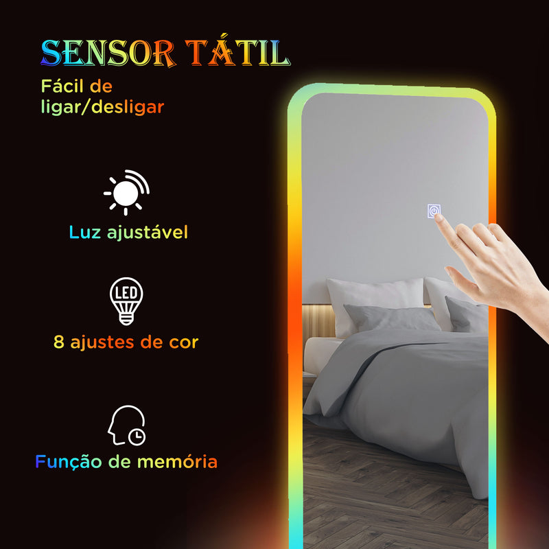 Espelho de Corpo Inteiro com Luzes LED 120x40 cm Espelho de Parede Ajustável com Iluminação em 7 Cores RGB e Função de Memória para Dormitório Prata