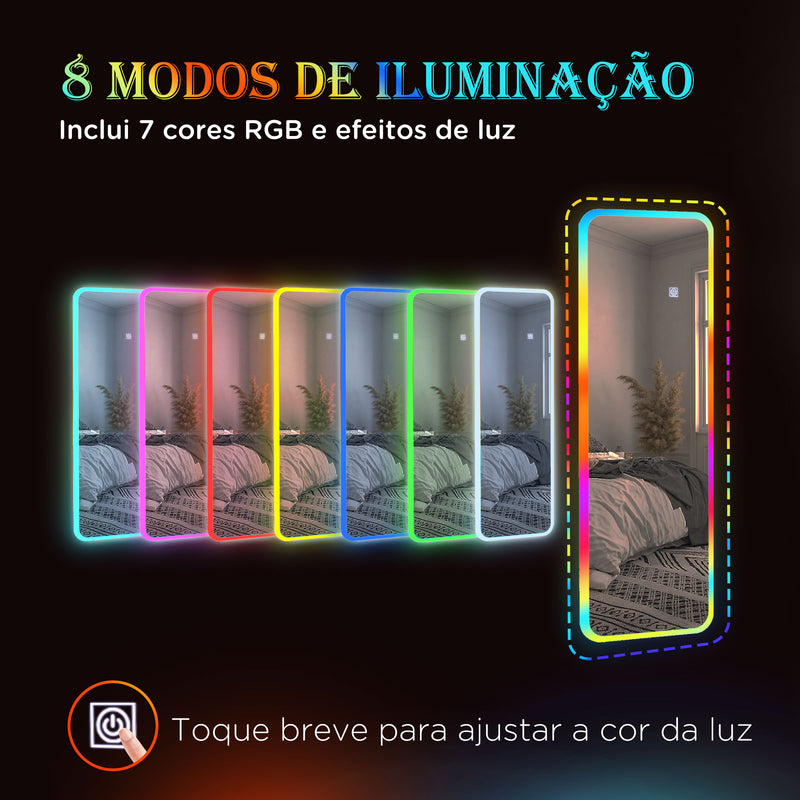 Espelho de Corpo Inteiro com Luzes LED 120x40 cm Espelho de Parede Ajustável com Iluminação em 7 Cores RGB e Função de Memória para Dormitório Prata