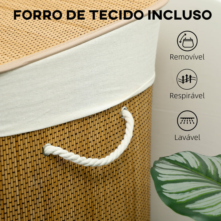 Cesto de Roupa Suja com Tampa 144L Cesto de Roupa Suja de Bambu com 3 Compartimentos Bolsa Interior Removível e Lavável Pegas para Lavandaria Quarto 60x40x60 cm Castanho