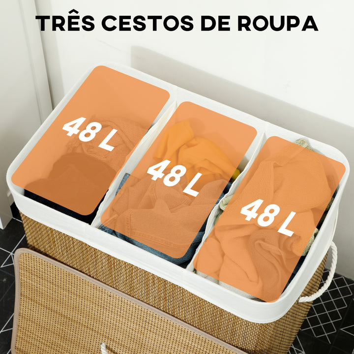 Cesto de Roupa Suja com Tampa 144L Cesto de Roupa Suja de Bambu com 3 Compartimentos Bolsa Interior Removível e Lavável Pegas para Lavandaria Quarto 60x40x60 cm Castanho