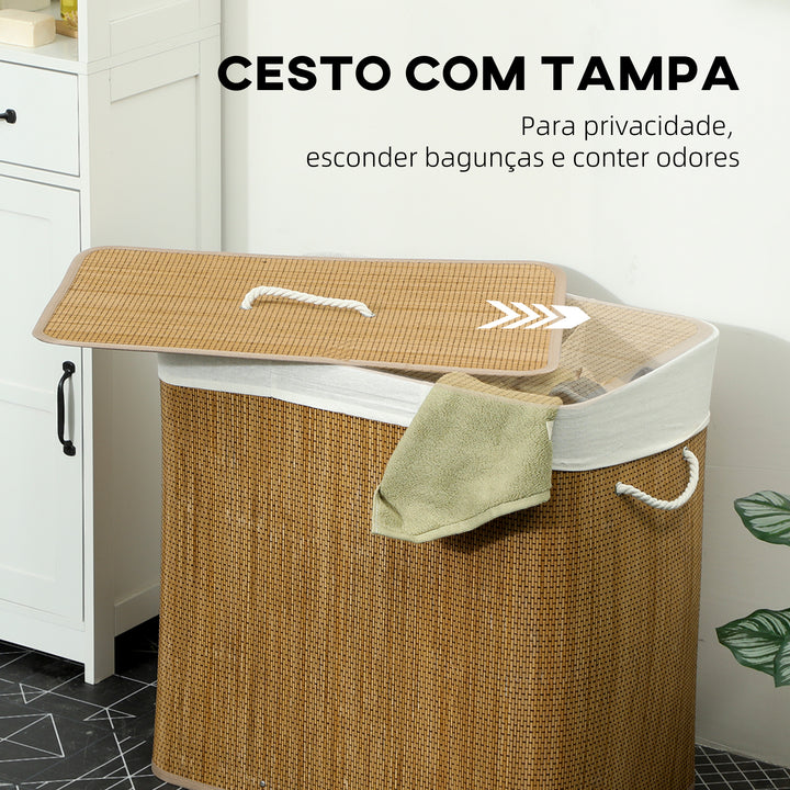 Cesto de Roupa Suja com Tampa 144L Cesto de Roupa Suja de Bambu com 3 Compartimentos Bolsa Interior Removível e Lavável Pegas para Lavandaria Quarto 60x40x60 cm Castanho