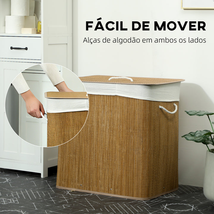 Cesto de Roupa Suja com Tampa 144L Cesto de Roupa Suja de Bambu com 3 Compartimentos Bolsa Interior Removível e Lavável Pegas para Lavandaria Quarto 60x40x60 cm Castanho