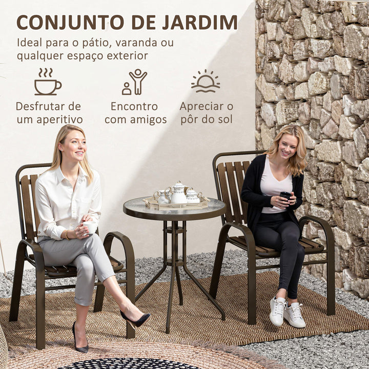 Conjunto de Jardim de 3 Peças Conjunto de Móveis de Exterior com 2 Cadeiras Empilháveis Mesa com Bancada de Vidro Temperado e Estrutura de Aço para Pátio Varanda Marrom Escuro