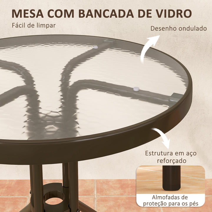 Conjunto de Jardim de 3 Peças Conjunto de Móveis de Exterior com 2 Cadeiras Empilháveis Mesa com Bancada de Vidro Temperado e Estrutura de Aço para Pátio Varanda Marrom Escuro