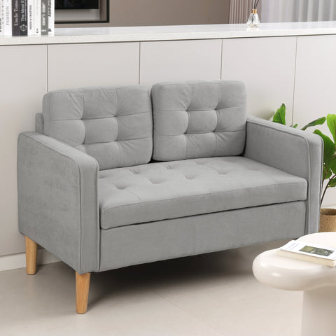 Sofá de 2 Lugares com Espaço de Armazenamento Sofá Moderno em Veludo com Pés de Madeira Encosto Capitonê para Sala Quarto ou Escritório 117x62x78 cm Cinzento Claro