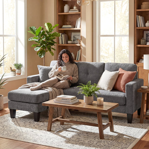 Sofá Chaise Longue Sofá em Forma de L Estofado em Poliéster Sofá de Canto Reversível com 3 Almofadas e Pés de Madeira para Sala de Estar Carga Máxima 180 kg 186x130x84 cm Cinzento Escuro