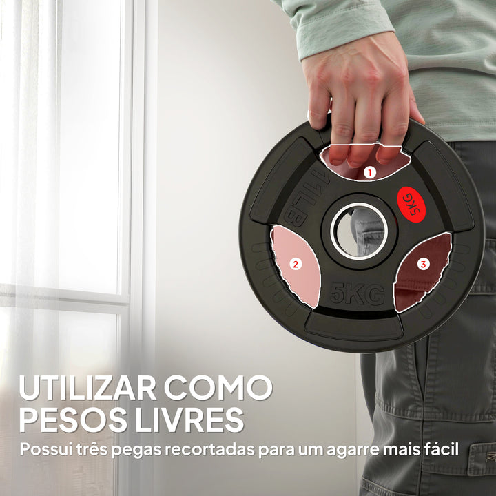 Discos de Pesos com Orifício de Ø50 mm 2 Discos de 5 kg com Anel Interior de Aço e Triplo Aperto para Halteres e Barras Treino Fitness em Casa Ginásio Ø24x4,5 cm Preto