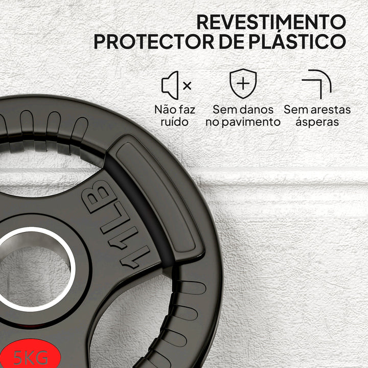 Discos de Pesos com Orifício de Ø50 mm 2 Discos de 5 kg com Anel Interior de Aço e Triplo Aperto para Halteres e Barras Treino Fitness em Casa Ginásio Ø24x4,5 cm Preto