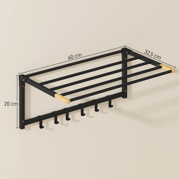 Toalheiro de Parede Dobrável com 5 Barras e 6 Ganchos Suporte para Toalhas para Casa de Banho Dobrável e Compacto 60x32,5x20 cm Preto