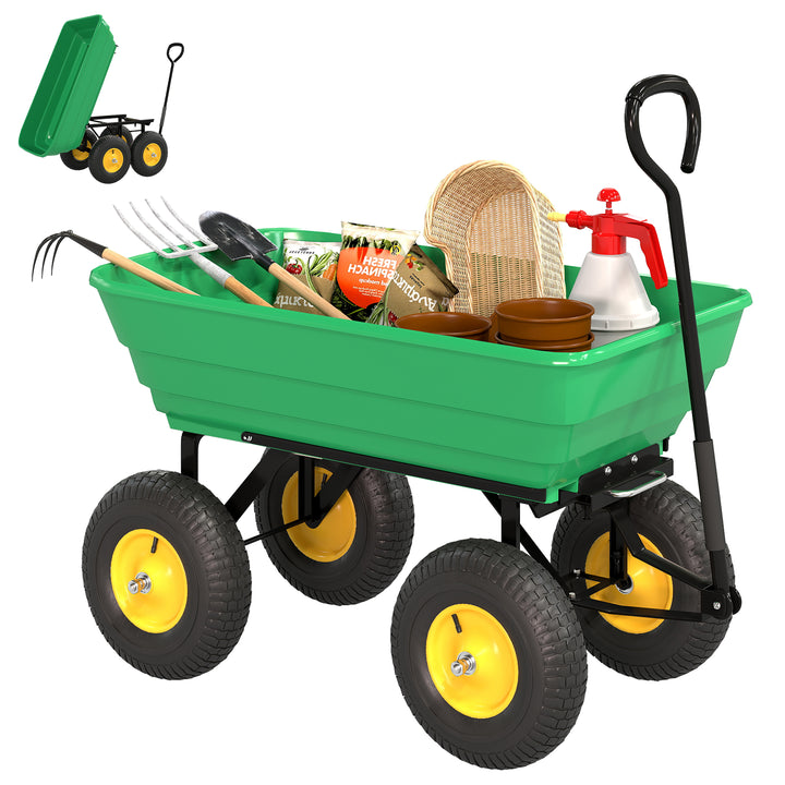 Carrinho de Jardim com Caçamba Inclinável até 75° Carrinho de Mão com Guiador Ajustável e 4 Pneus Capacidade Máxima 75L Aço 109x52x94 cm Verde Escuro