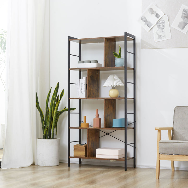 Estante para Livros de 4 Níveis com 8 Compartimentos de Armazenamento Estilo Industrial para Sala de Estar Escritório Dormitório 74x30x157,5cm Marrom Rústico