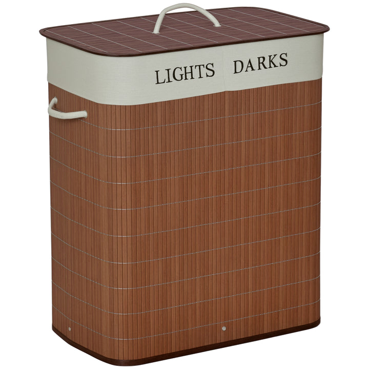 Cesto para Roupa Suja de Bambú Capacidade de 100L Cesta para Roupa Suja Retangular com Tampa Removível Bolsa com 2 Compartimentos 52x32x63cm Marrom